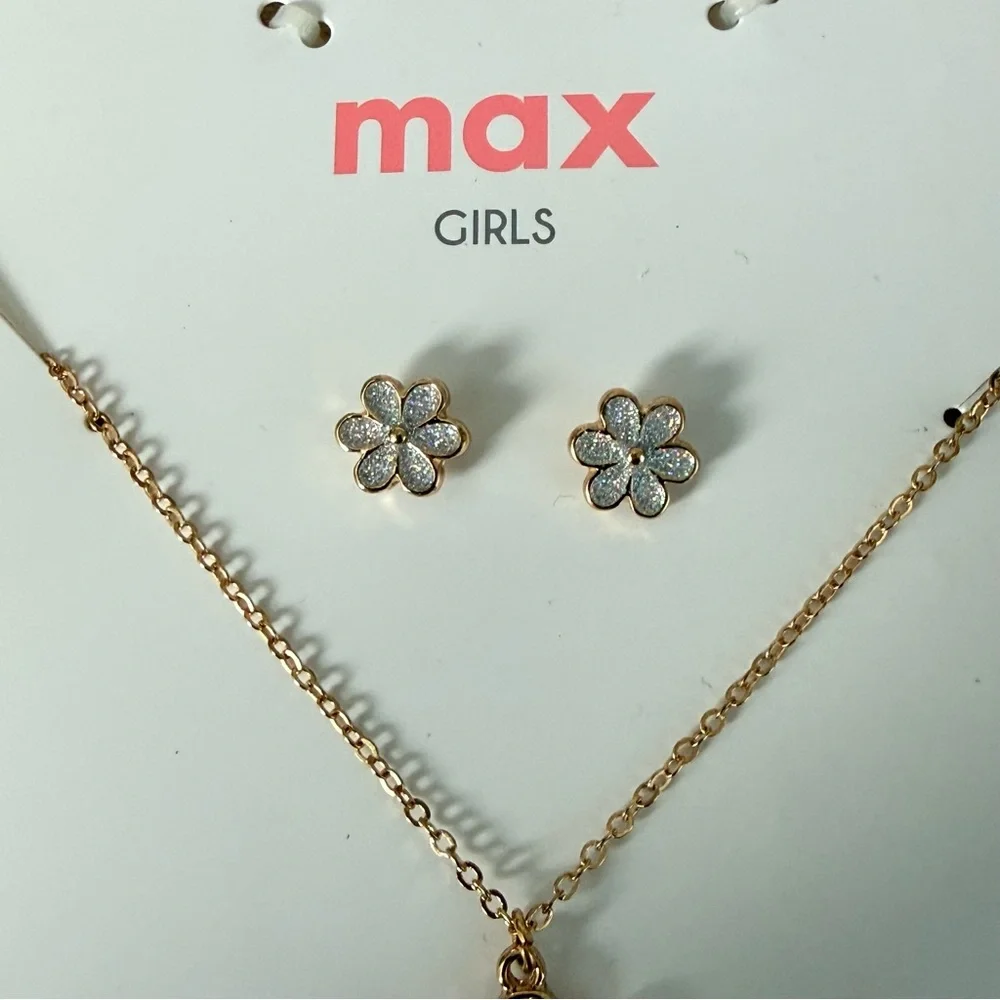 NEW Max Girls Gold Tone Flower Necklace & Stud Earrings Set Glitter Daisy jewlry